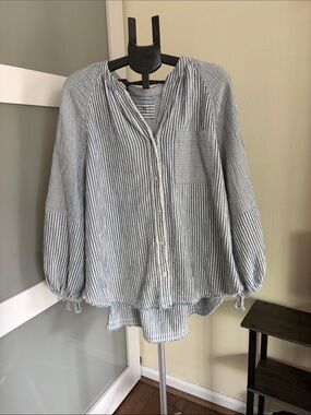 aerie Blue and White Striped Button-Front Peasant Blouse